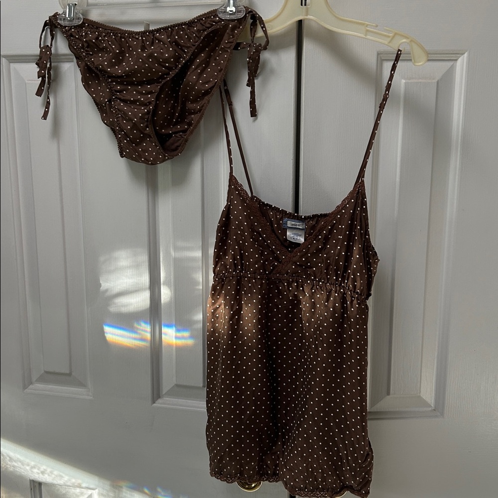 Aerie Brown Polka Dot Sexy Strappy top & panty Set. Panties tie at sides. Large.